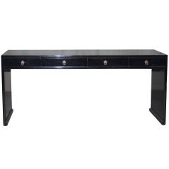 Fine Black Lacquer Table With Four Drawers & Paneled Legs 