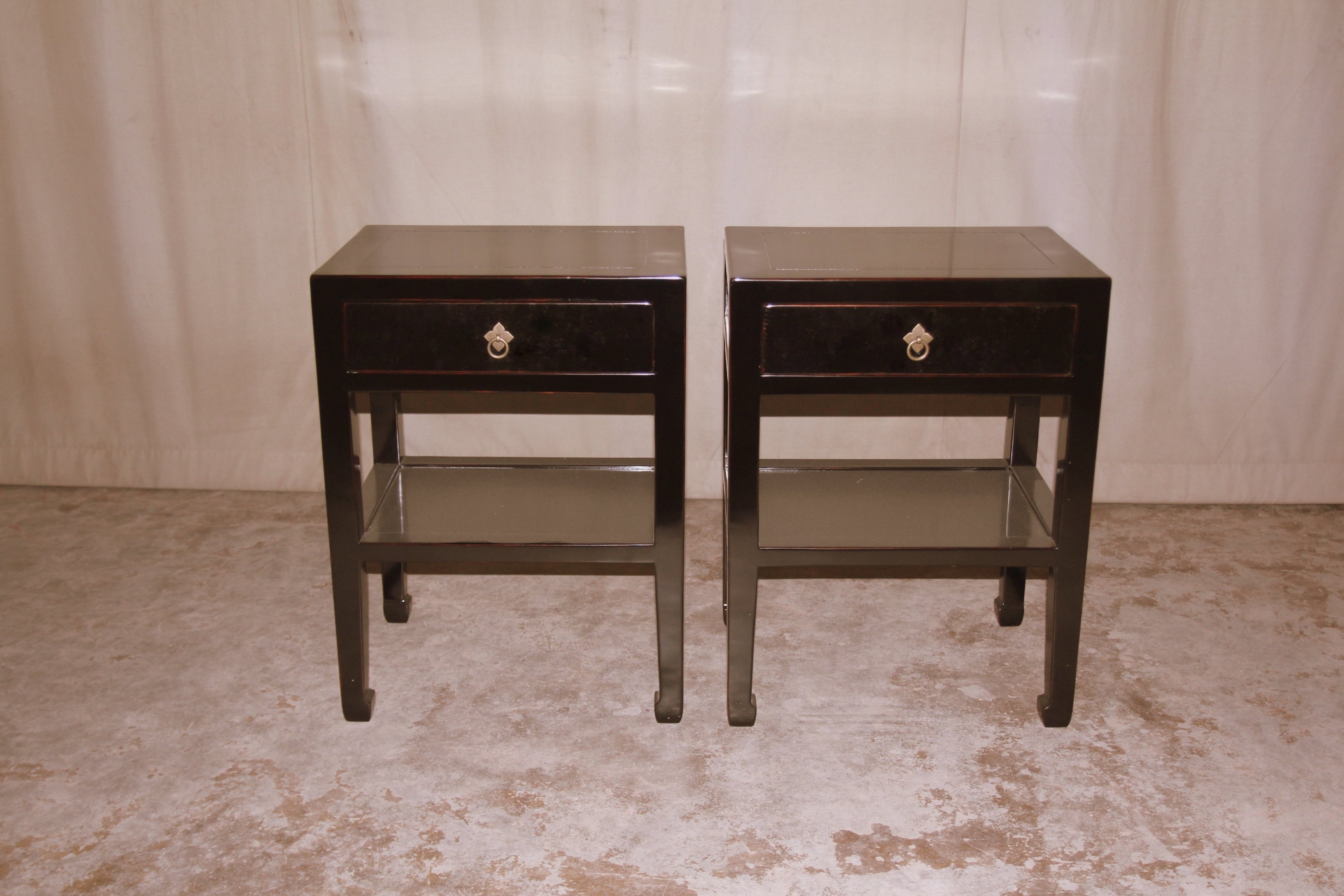 Pair of Fine Black Lacquer End Tables with Shelf & Drawer