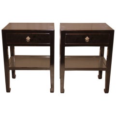 Pair of Fine Black Lacquer End Tables with Shelf & Drawer