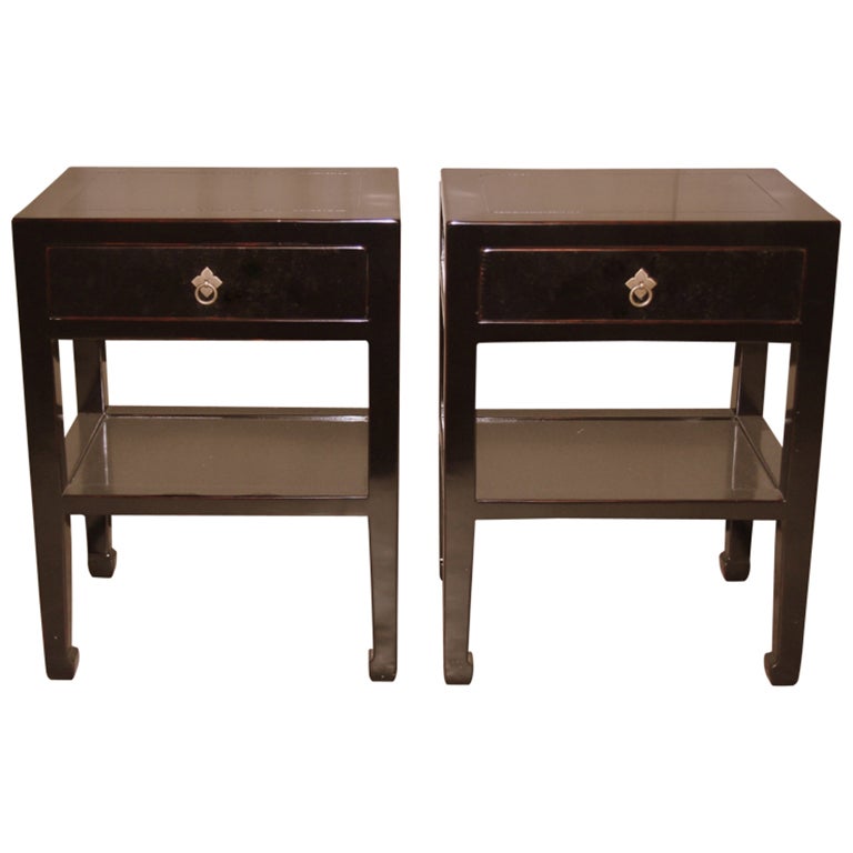 Pair of Fine Black Lacquer End Tables with Shelf and Drawer at 1stdibs