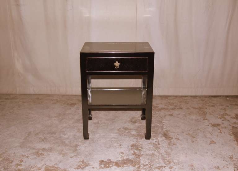 Chinese Pair of Fine Black Lacquer End Tables with Shelf & Drawer