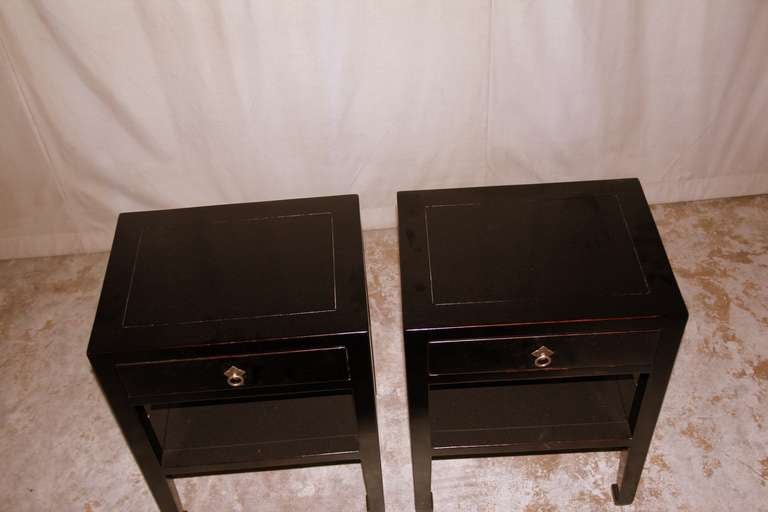 19th Century Pair of Fine Black Lacquer End Tables with Shelf & Drawer