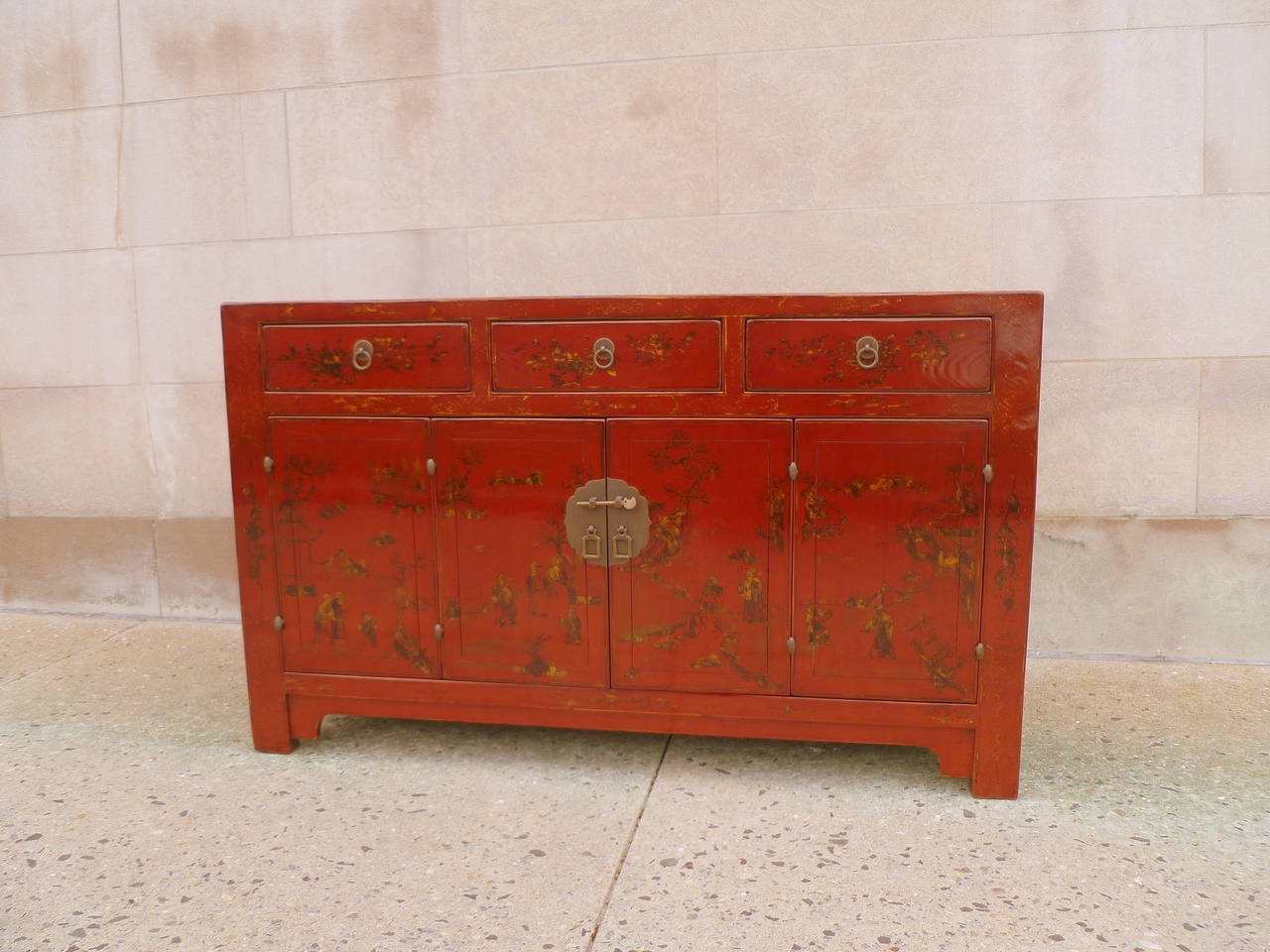 Chinese Fine Red Lacquer Sideboard with Gilt Motif