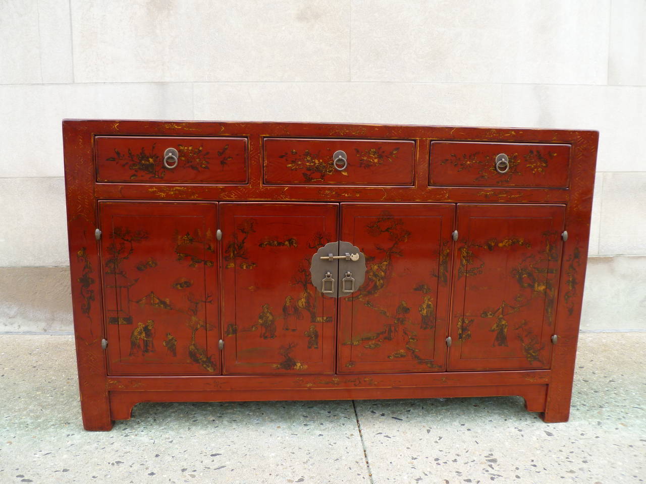 Fine Red Lacquer Sideboard with Gilt Motif In Excellent Condition In Greenwich, CT