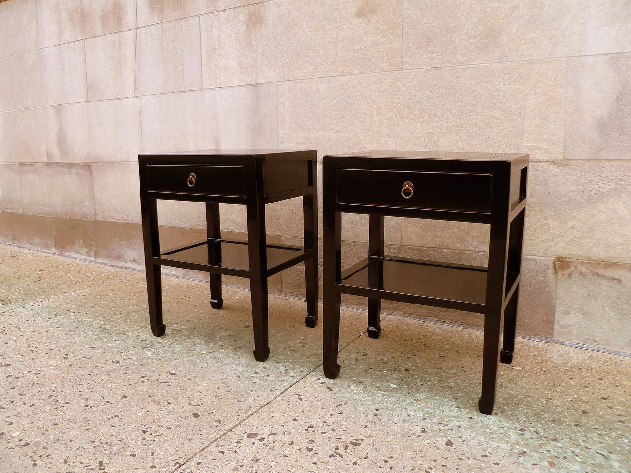 Early 20th Century A Pair of Black Lacquer End Tables with Shelf and Drawer