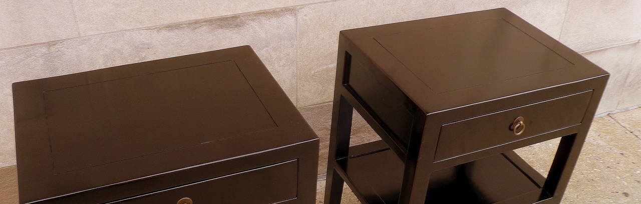 A Pair of Black Lacquer End Tables with Shelf and Drawer 1