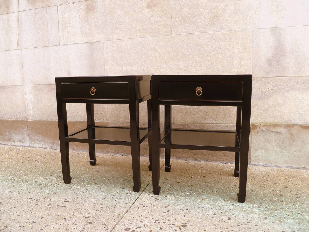 Ming A Pair of Black Lacquer End Tables with Shelf and Drawer
