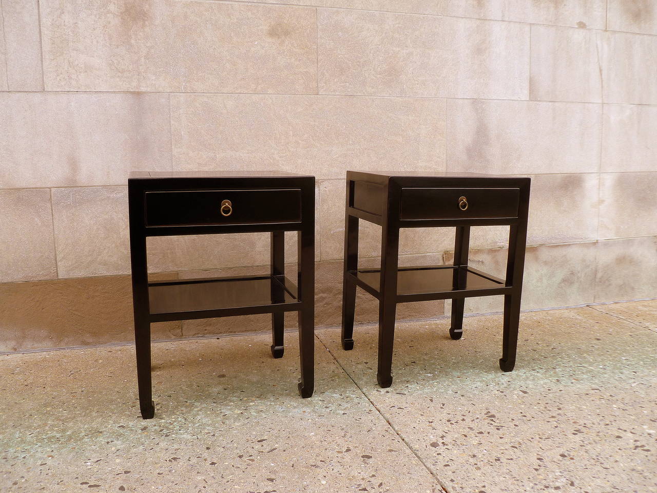 Chinese A Pair of Black Lacquer End Tables with Shelf and Drawer