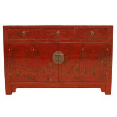Used Fine Red Lacquer Sideboard with Gilt Motif