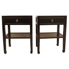 A Pair of Black Lacquer End Tables with Shelf and Drawer