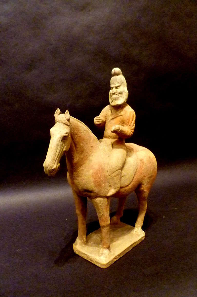 Hand-Crafted Unusual Tang Dynasty Persian Horse Rider Statue, Silk Road Trader, TL Tested For Sale