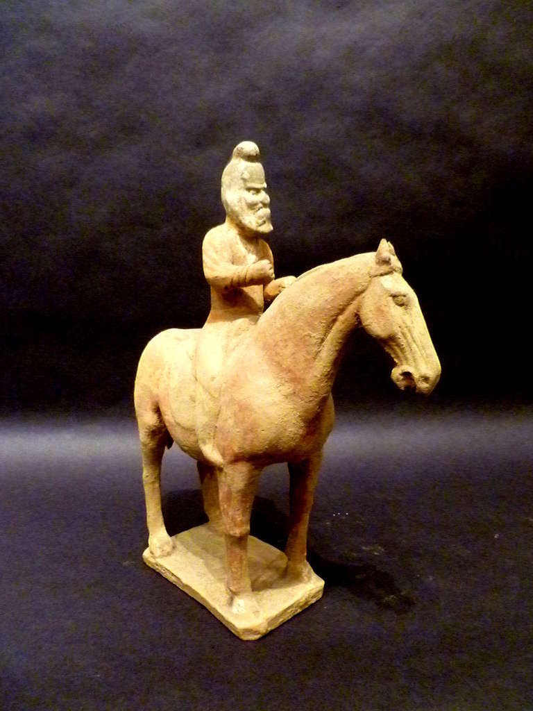 Unusual Tang Dynasty Persian Horse Rider Statue, Silk Road Trader, TL Tested In Good Condition For Sale In Greenwich, CT