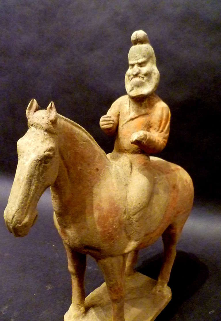 18th Century and Earlier Unusual Tang Dynasty Persian Horse Rider Statue, Silk Road Trader, TL Tested For Sale