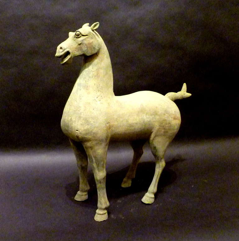 A powerfully and lively modeled statue of standing horse, Han Dynasty 206 BC - 220 AD, with Oxford authentication TL test certificate. Oxford TL test sample number C106t28