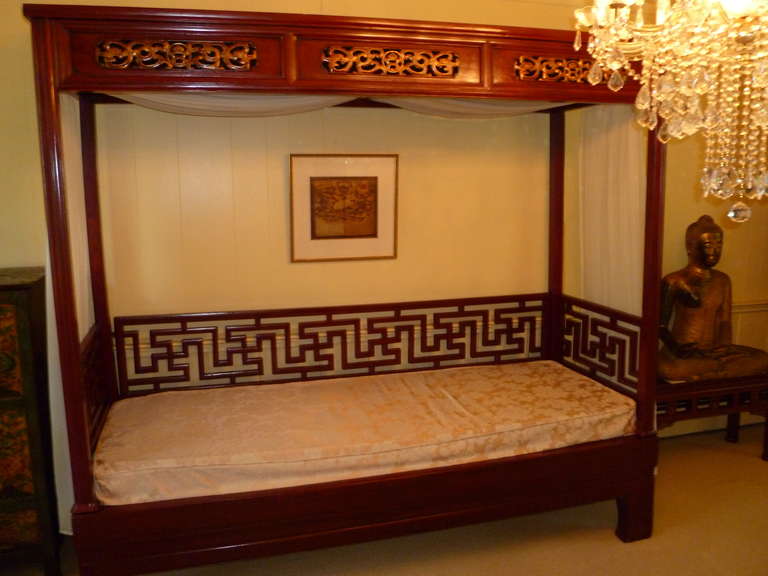 Hand-Painted Elegant Red Lacquer Canopy Bed