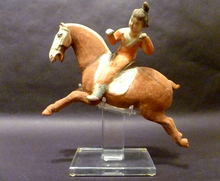 Hand-Crafted A Superb and Playful Tang Dynasty Pottery Statue of Lady Polo Player