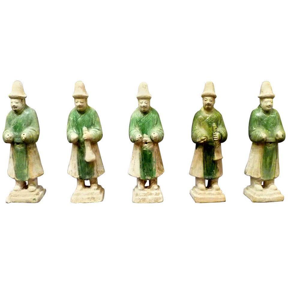 Set of Six Ming Dynasty Green Glazed Pottery Statue of Attendants For Sale