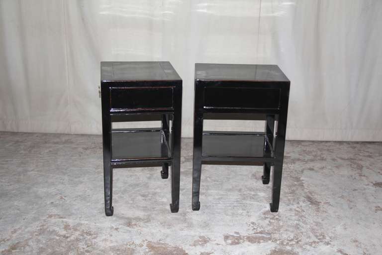20th Century Pair of Fine Black Lacquer End Tables with Shelf and Drawer