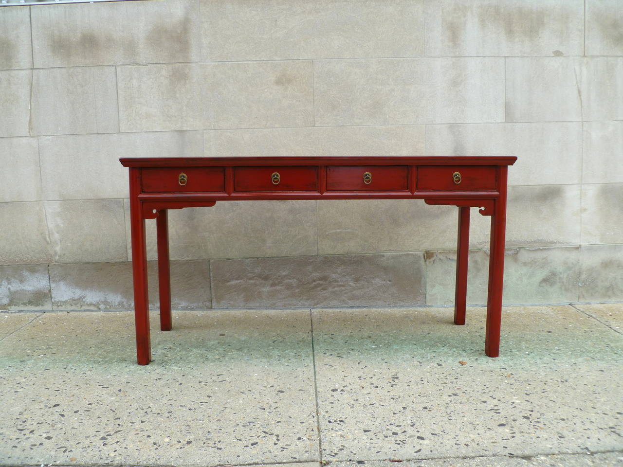 Red Lacquer Console Table or Desk with Drawers