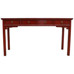 Red Lacquer Console Table or Desk with Drawers