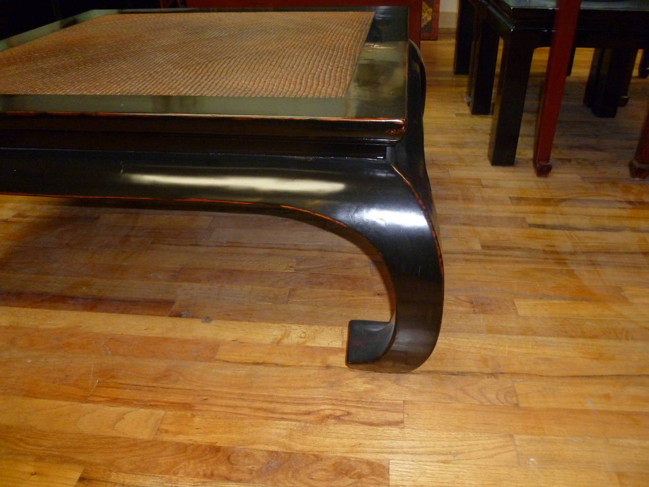 Polished Fine  Black Lacaquer Square Low Table With Cane Top