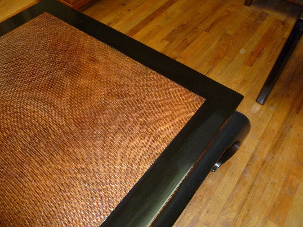 Fine  Black Lacaquer Square Low Table With Cane Top In Excellent Condition In Greenwich, CT