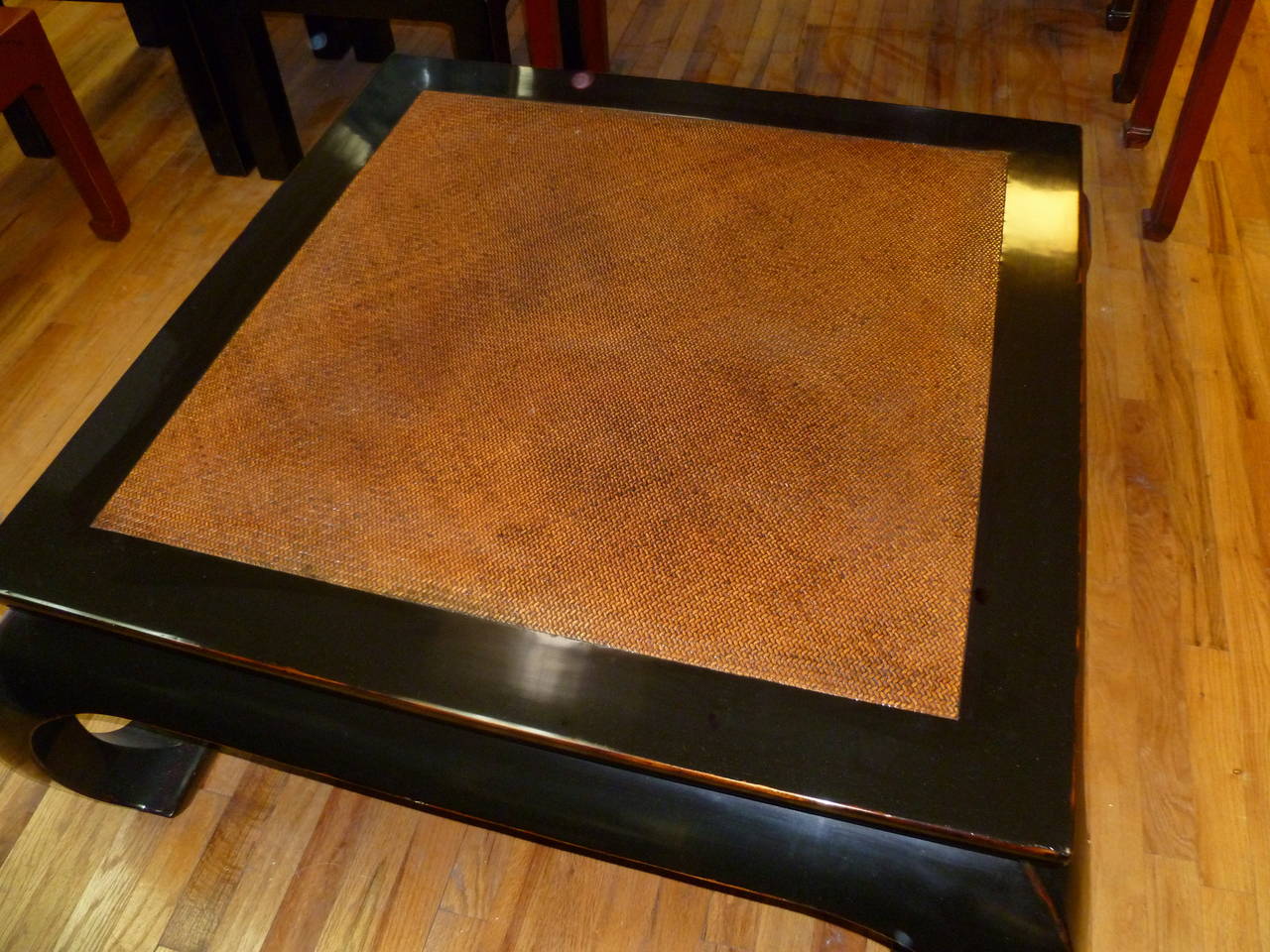 Early 20th Century Fine  Black Lacaquer Square Low Table With Cane Top
