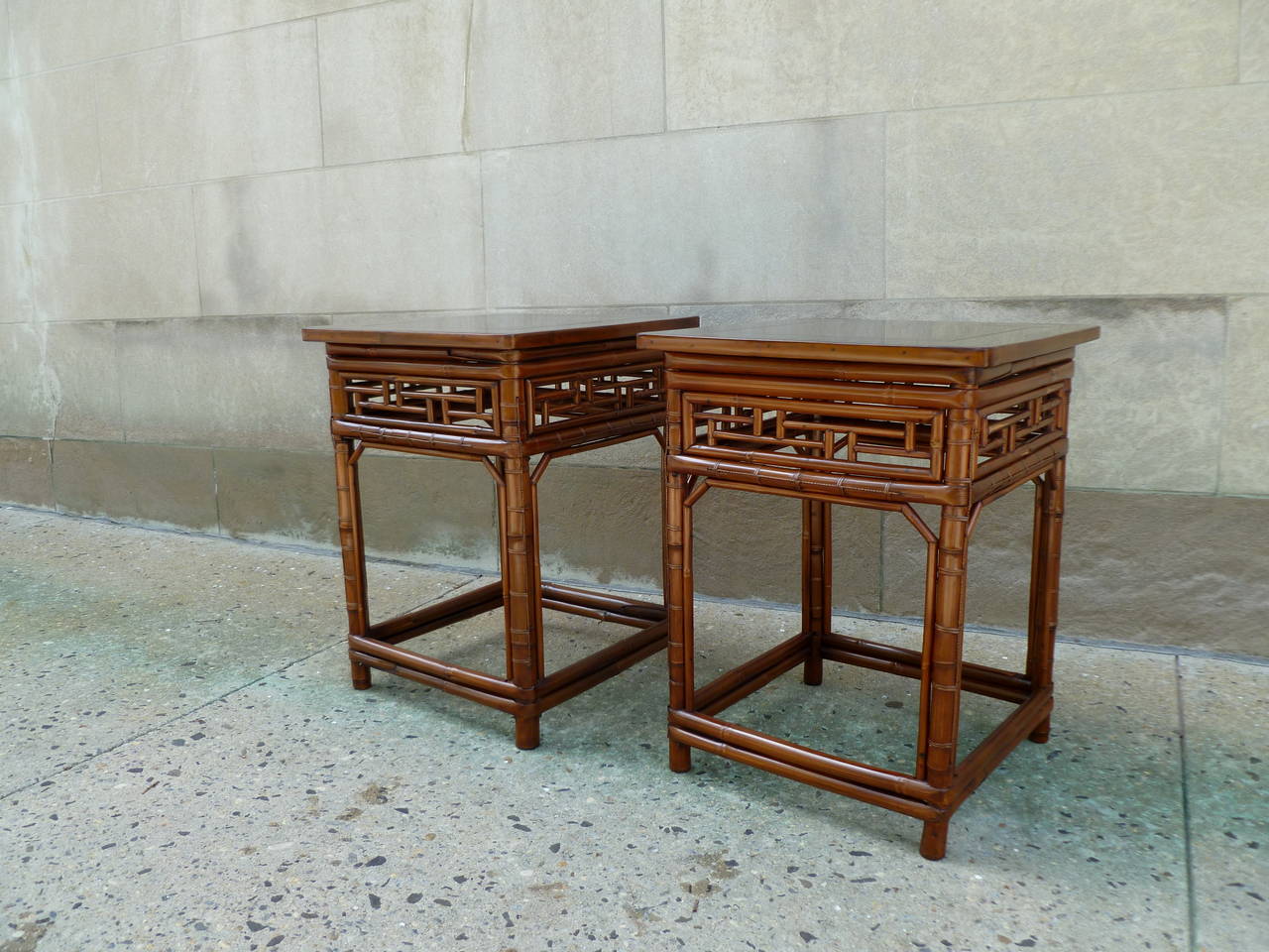 Pair of Square Bamboo End Tables with Black Lacquer Top For Sale at 1stdibs