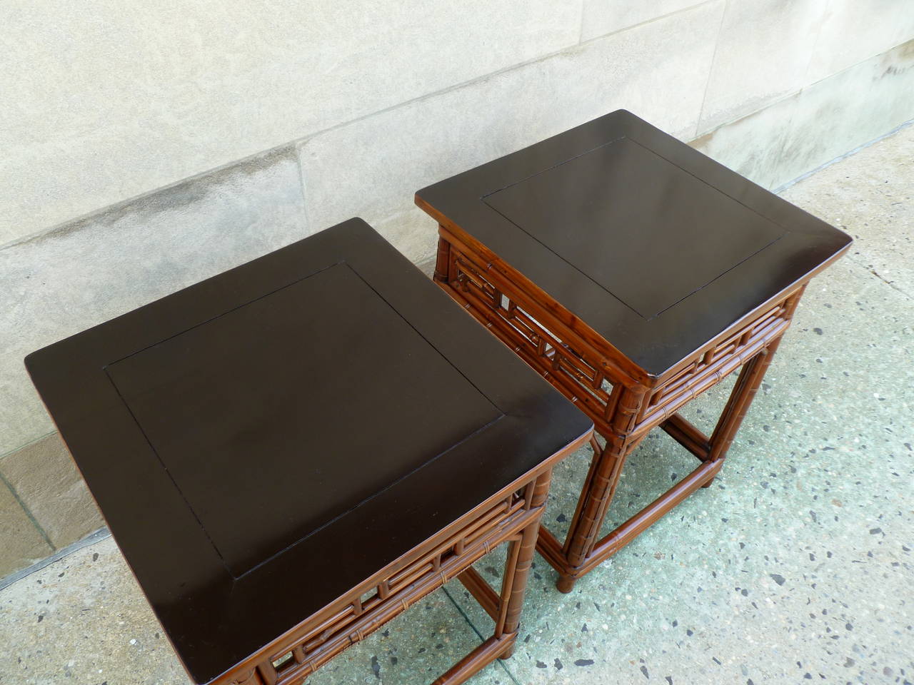 Pair of Square Bamboo End Tables with Black Lacquer Top For Sale at 1stdibs