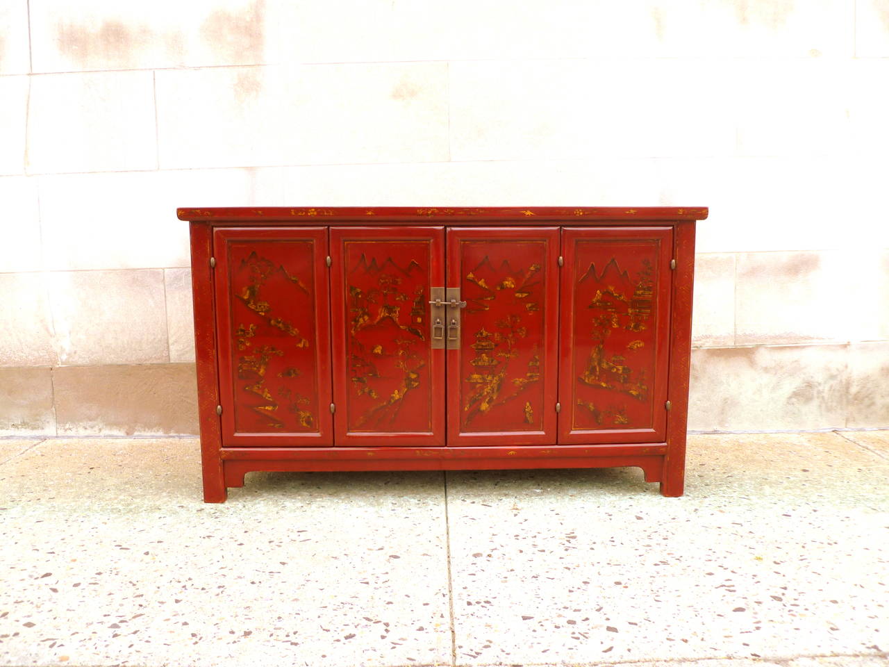 Hand-Painted Elegant Red Lacquer Sideboard with Gold Gilt Landscape Motif