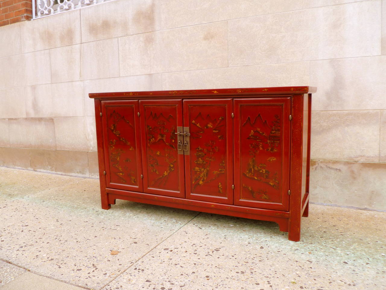 Elegant Red Lacquer Sideboard with Gold Gilt Landscape Motif In Excellent Condition In Greenwich, CT