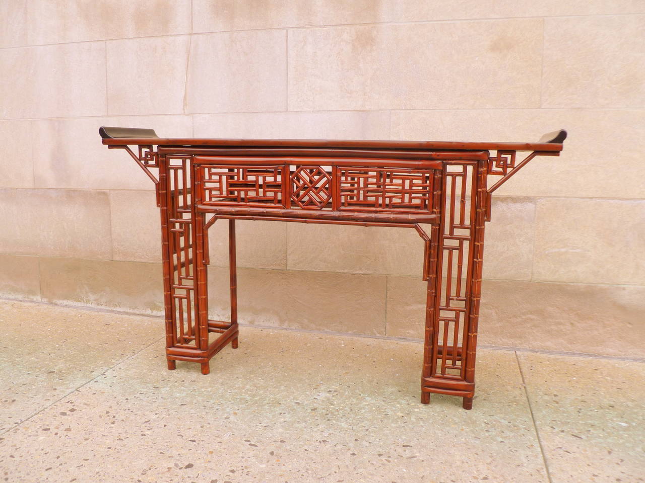Polished Fine Bamboo Console Table with Black Lacquer Top