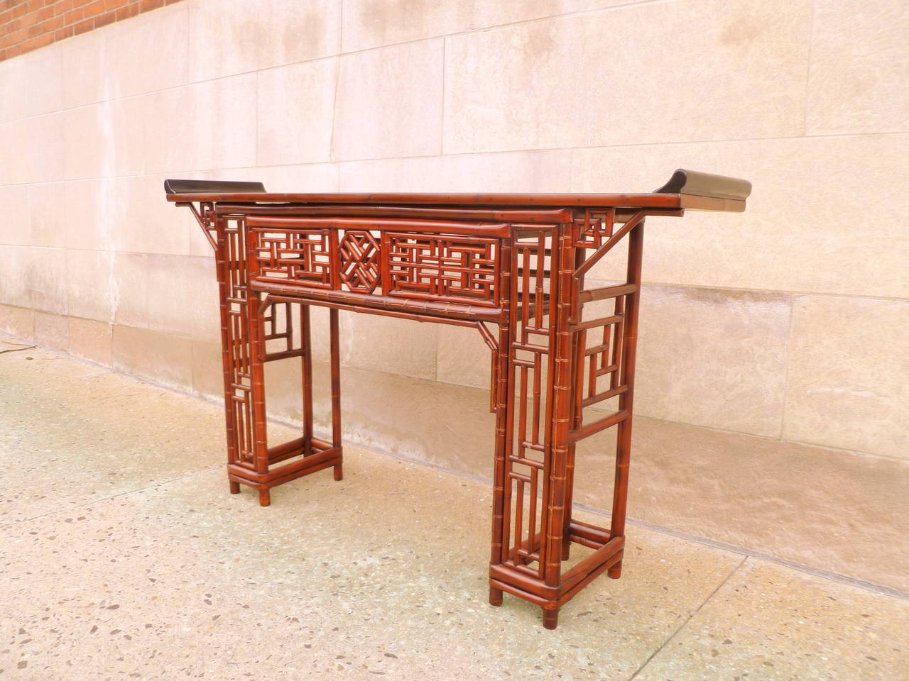 Fine Bamboo Console Table with Black Lacquer Top In Excellent Condition In Greenwich, CT