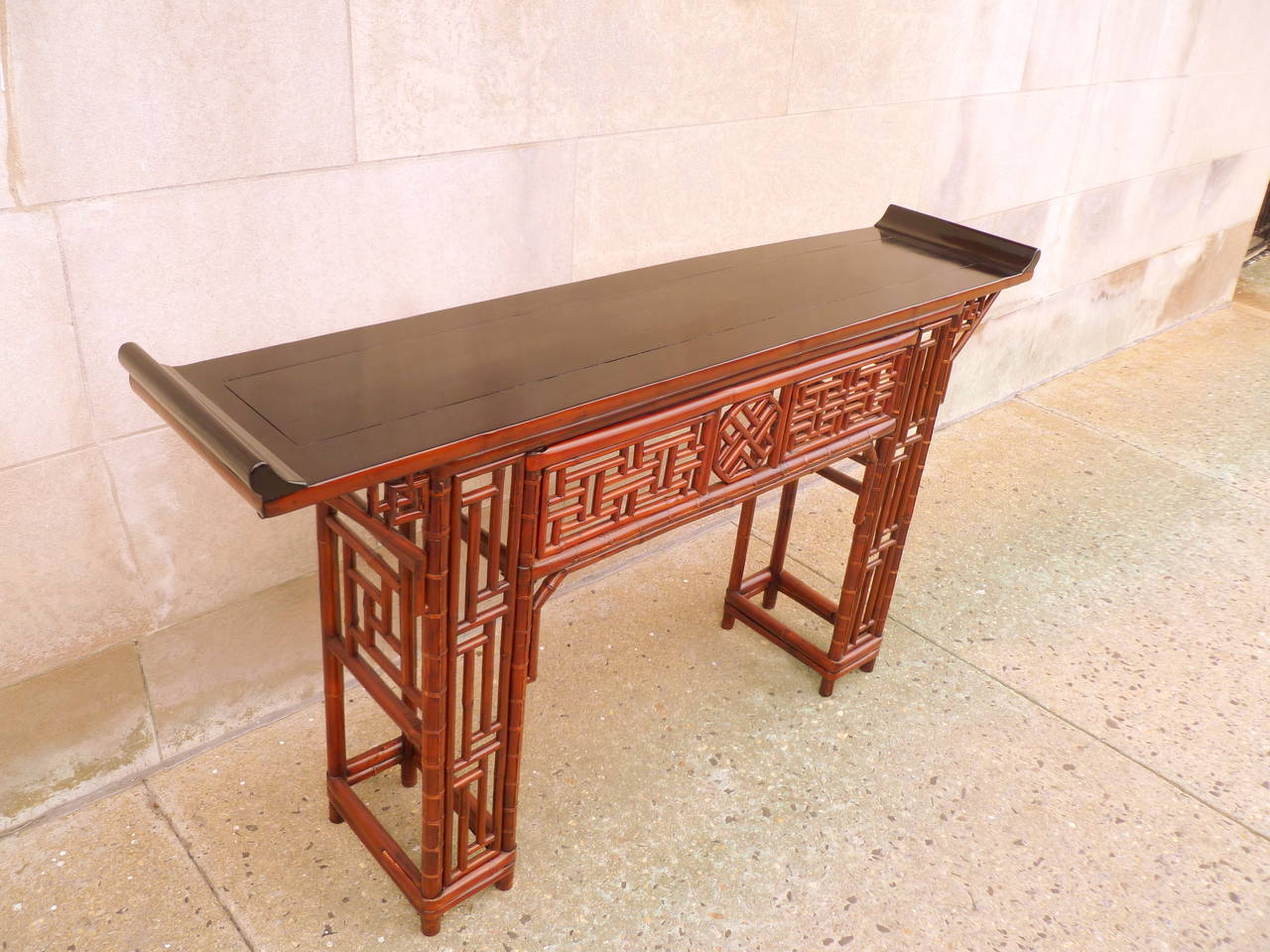 Early 20th Century Fine Bamboo Console Table with Black Lacquer Top