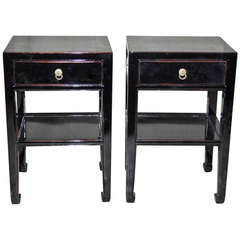 Pair of Fine Black Lacquer End Tables with Shelf and Drawer
