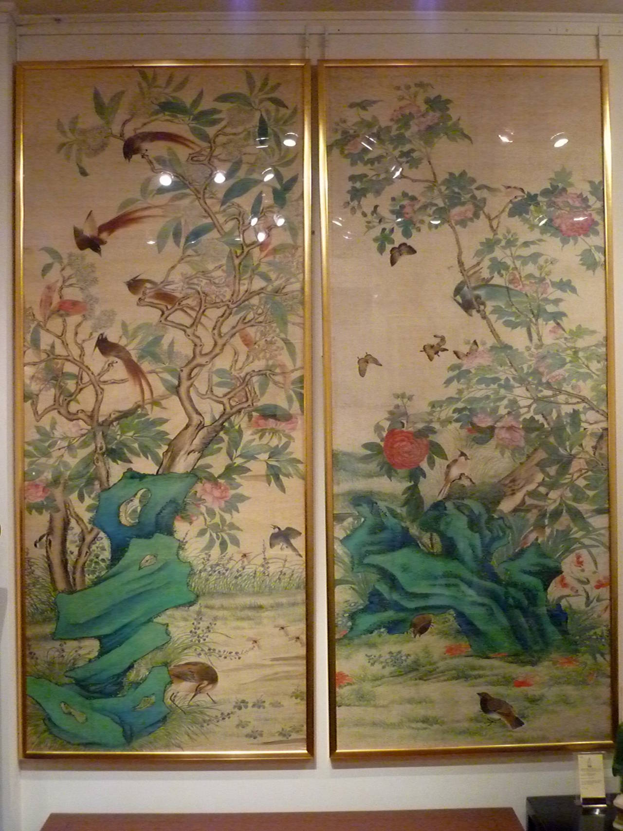 Pair of fine brush painting, Anglo-Chinese school of birds and flowers, 19th century, ink and color on silk, conservation framed. Acquired from Christie's Amsterdam, early 2000