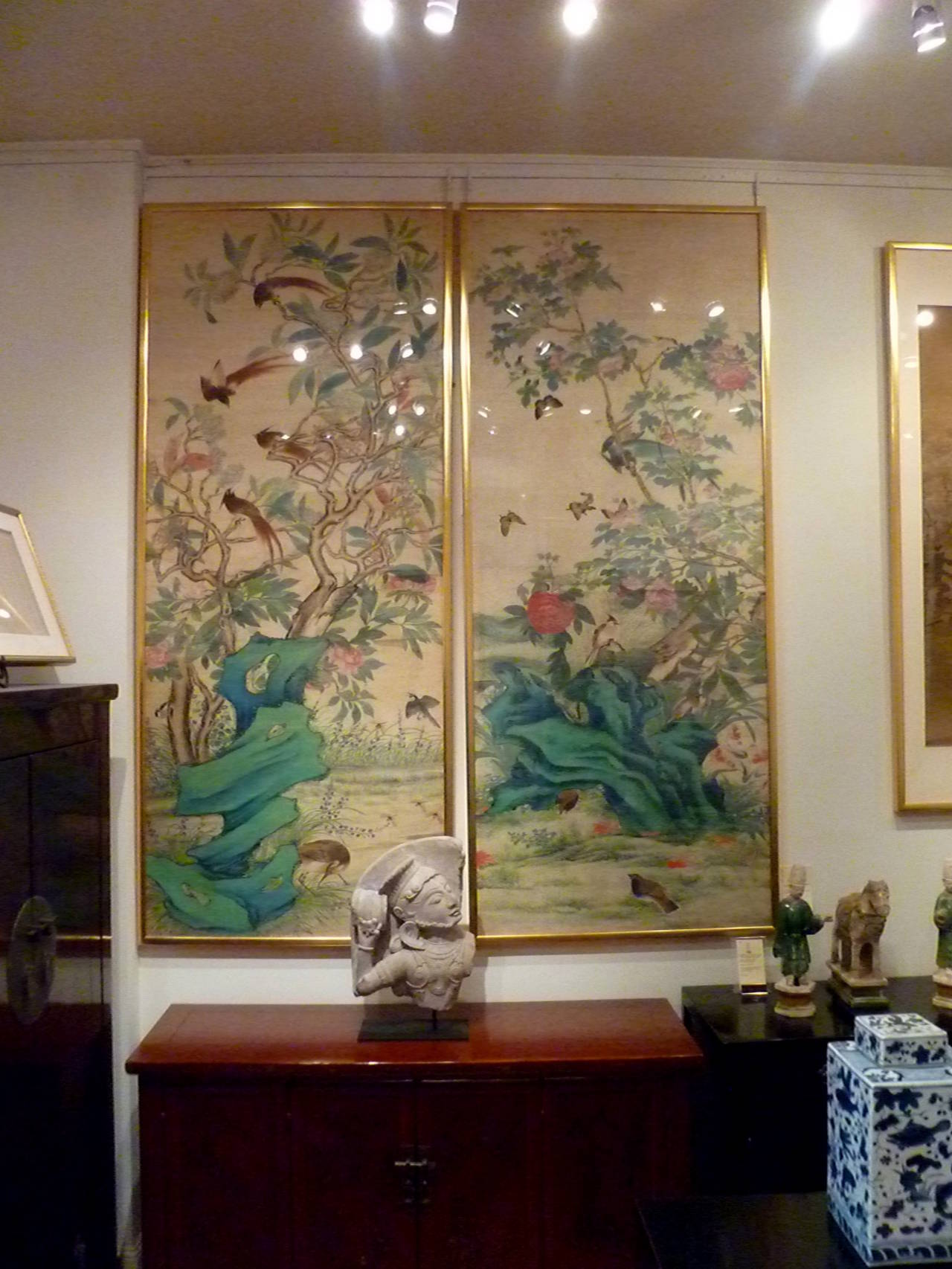 Chinese Export Pair of Fine Brush Painting, Anglo-Chinese School of Birds and Flowers