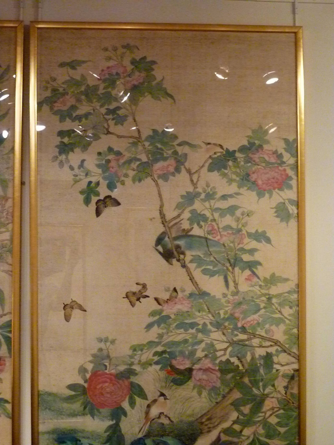 Silk Pair of Fine Brush Painting, Anglo-Chinese School of Birds and Flowers