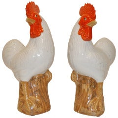 A Pair of Fine Porcelain Rooster Statues