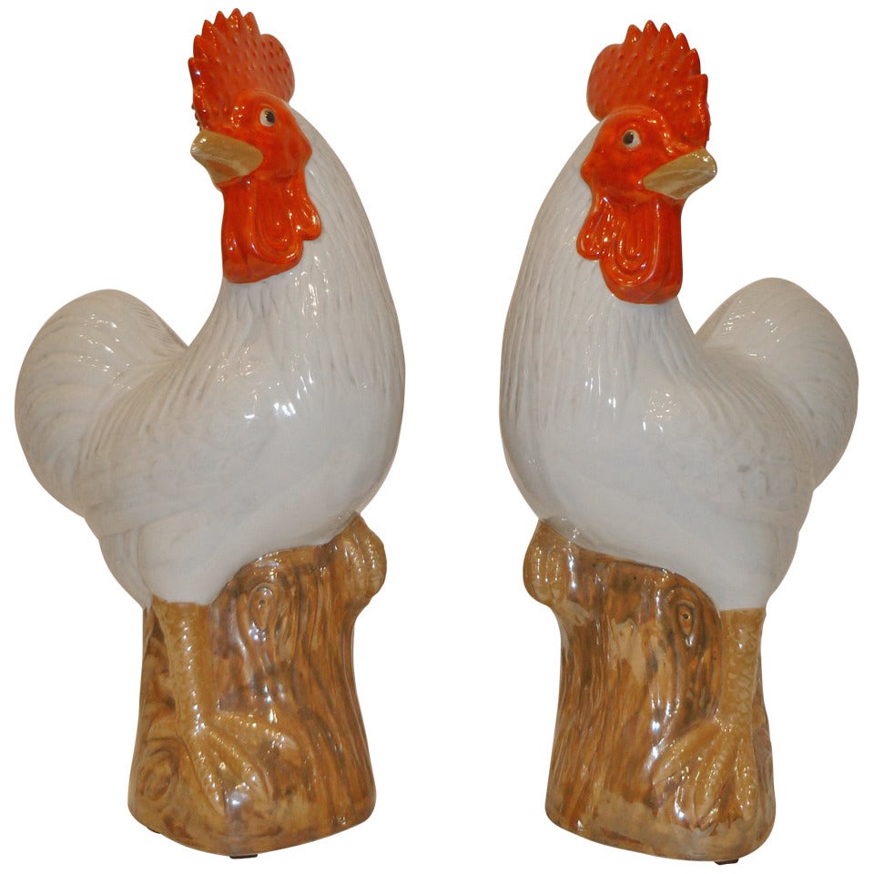 A Pair of Fine Porcelain Rooster Statues For Sale