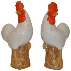 A Pair of Fine Porcelain Rooster Statues