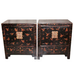 Pair of Fine Black Lacquer Chests with Gold Gilt Motif