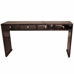 Fine Black Lacquer Console Table with Four Drawers and Paneled Legs