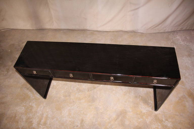Chinese Fine Black Lacquer Console Table with Four Drawers and Paneled Legs