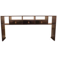 Black Lacquer Console Table with Shelves and Drawers