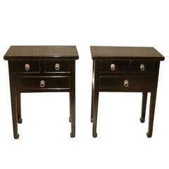 Pair of Fine Black Lacquer End Tables With Drawers