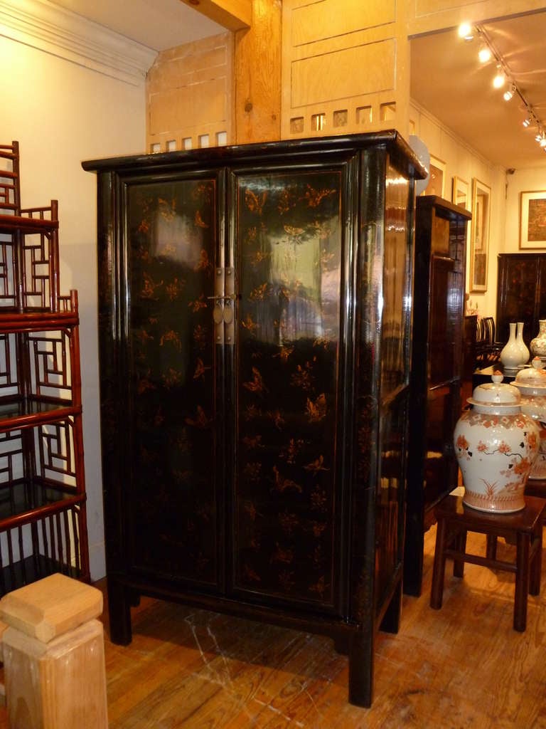Fine Black Lacquer Armoire With Gold Gilt Butterfly Motif at 1stDibs
