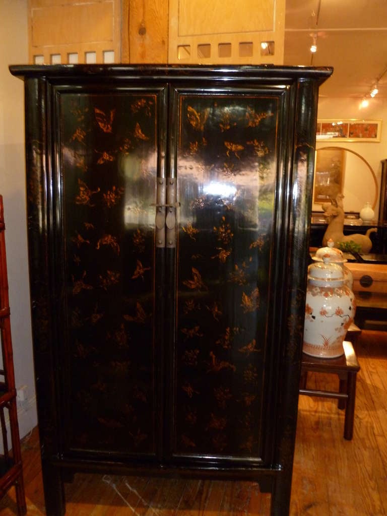 Fine Black Lacquer Armoire With Gold Gilt Butterfly Motif at 1stDibs