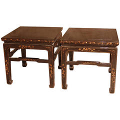 A Pair of Fine Black Lacquer Square End Tables with Gold Gilt Motif