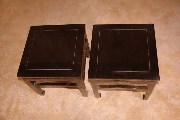 Hand-Painted A Pair of Fine Black Lacquer Square End Tables with Gold Gilt Motif